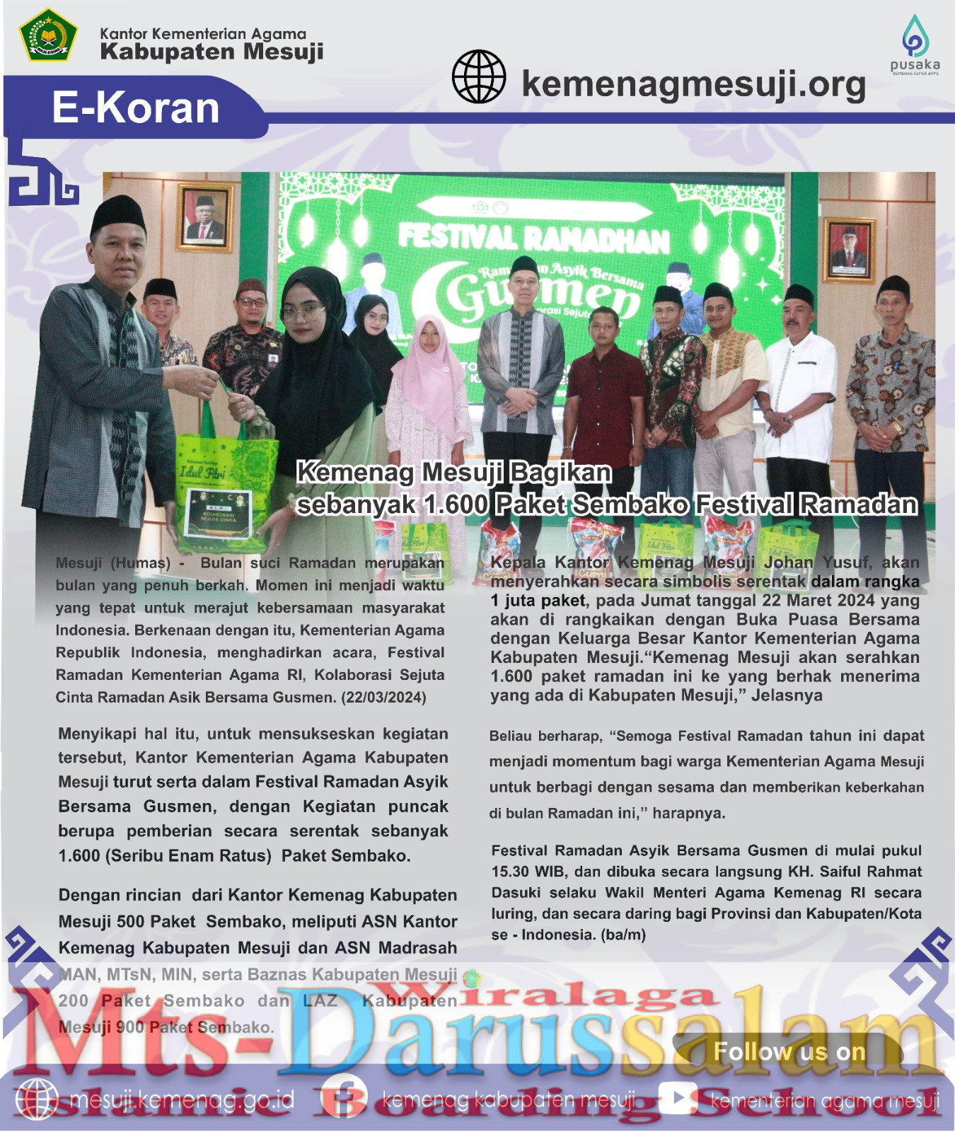 Kemenag Mesuji Bagikan sebanyak 1.600 Paket Sembako Festival Ramadan